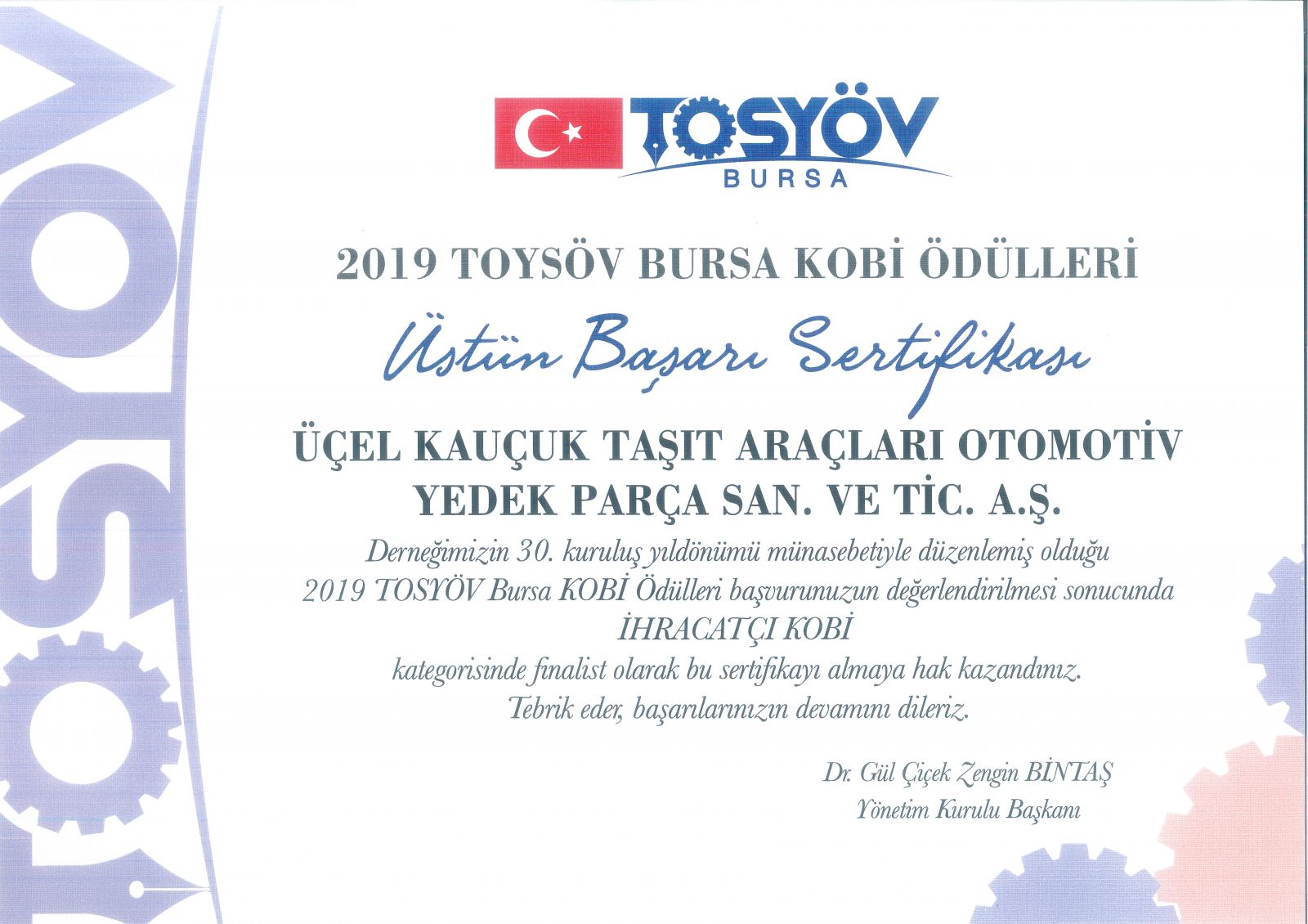 TOSYÖV Excellence Certificate